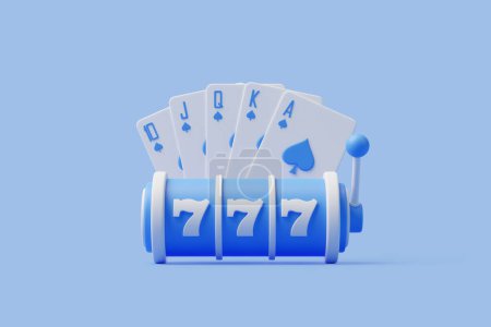 A royal flush in spades alongside a blue slot machine displaying lucky 777 against a matching blue backdrop. 3D render illustration