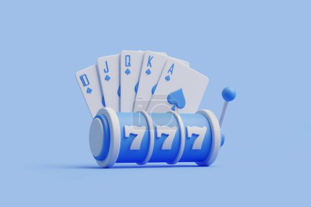 Ein As-hohes Royal Flush in Pik mit einem blauen Spielautomaten, der die Gewinnzahl 777 zeigt. 3D-Darstellung