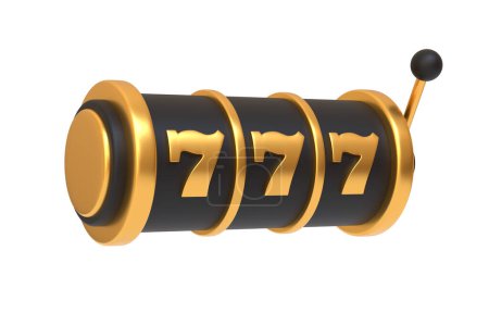 A sleek slot machine in gold and black colors showcasing the lucky triple sevens on a winning spin isolated on a white background. 3D render illustration