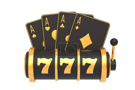 Ein goldglänzender Spielautomat mit der Glückszahl 777 und vier Assen auf weißem Hintergrund, die auf einen großen Gewinn hindeuten. 3D-Darstellung