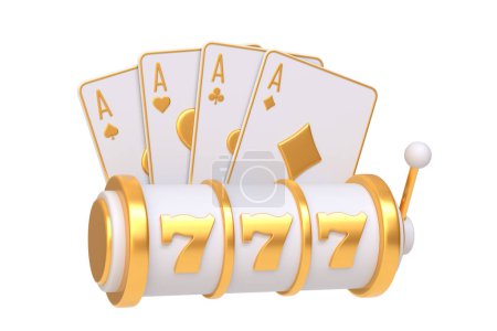 Foto de Máquina tragaperras blanca adornada con acentos dorados, que muestra 777 y cuatro ases aislados sobre un fondo blanco, que simboliza la suerte y el premio mayor gana. Ilustración de representación 3D - Imagen libre de derechos