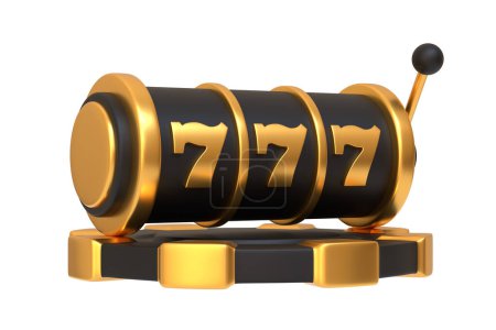 Foto de Una elegante máquina tragamonedas negra con un acabado dorado brillante que muestra el número de la suerte 777 aislado sobre un fondo blanco, que representa la riqueza y las apuestas altas. Ilustración de representación 3D - Imagen libre de derechos