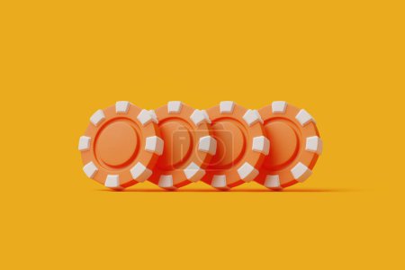 Foto de Una fila de vibrantes fichas de casino naranja de pie sobre un fondo amarillo vivo, que simboliza el juego y la moneda en los juegos de azar. Ilustración de representación 3D - Imagen libre de derechos