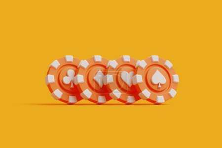 Una secuencia de fichas de póquer naranja impresas con palos de cartas de corazón y club sobre un llamativo fondo amarillo. Ilustración de representación 3D.