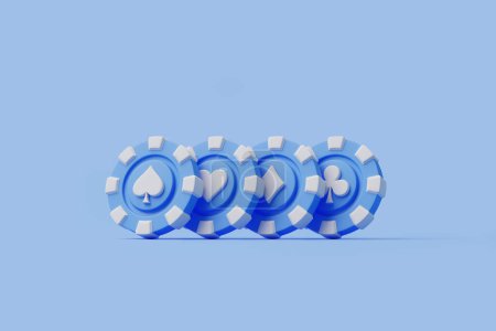 Una fila de fichas de póquer azul adornado con pala y trajes de corazón, situado sobre un fondo azul calmante. Ilustración de representación 3D.
