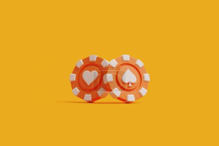 Two orange casino chips with heart and spade suit symbols on a vibrant yellow background. 3D render illustration