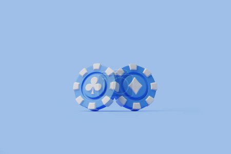 Two stacked blue casino chips with a club and diamond symbol against a soft blue background. 3D render illustration