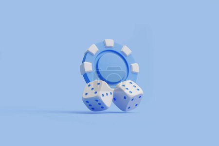 Photo for A cool blue casino chip with classic white details alongside two white dice with blue dots, set against a soft blue backdrop. 3D render illustration - Royalty Free Image