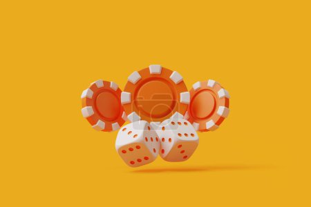 Three vibrant orange casino chips stacked behind a pair of classic white dice with black pips on a bright yellow background. 3D render illustration