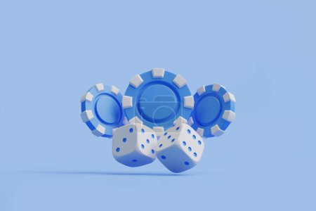 Three blue casino chips and white dice presented on a soft light blue background, evoking leisure and gaming themes. 3D render illustration