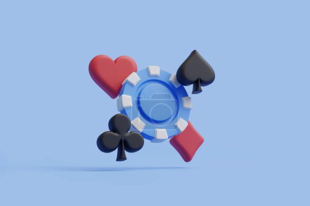 Un solo chip de casino azul rodeado de corazón rojo, club negro y símbolos de pala sobre un fondo azul brillante, que simboliza los juegos de cartas y las apuestas. Ilustración de representación 3D