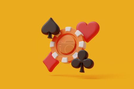 Téléchargez les photos : Fond orange vibrant avec une puce de casino rouge avec un cœur et des symboles de pique, évoquant des thèmes de jeu et de chance. Illustration de rendu 3D - en image libre de droit