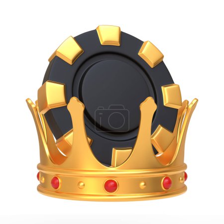 Foto de Una majestuosa corona dorada adornada con gemas rojas descansa sobre un chip de póquer de casino negro aislado sobre un fondo blanco, un símbolo de triunfo y realeza en los juegos. Ilustración de representación 3D - Imagen libre de derechos