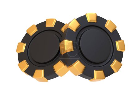 Téléchargez les photos : Deux jetons de casino noirs et or se chevauchaient, concept de monnaie de jeu, isolé sur un fond blanc. Illustration de rendu 3D - en image libre de droit