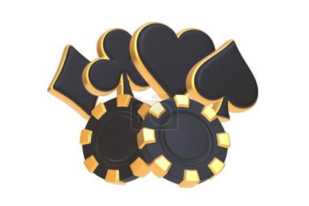 Black and gold casino chips with heart and spade symbols, concept of gambling and luck, isolated on white. 3D render illustration