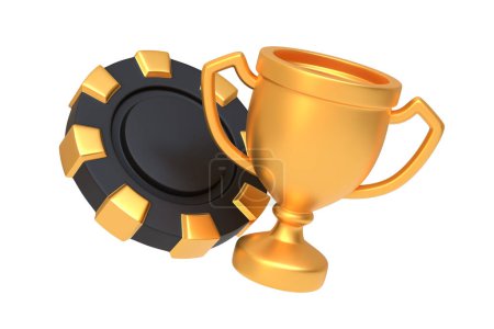 Photo for Golden trophy cup alongside a black and gold casino chip Isolated on a White Background, representing victory and gambling success. 3D render illustration - Royalty Free Image