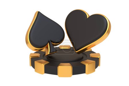 A black casino chip adorned with a golden heart and spade symbols isolated on a white background representing card suits in gambling. 3D render illustration