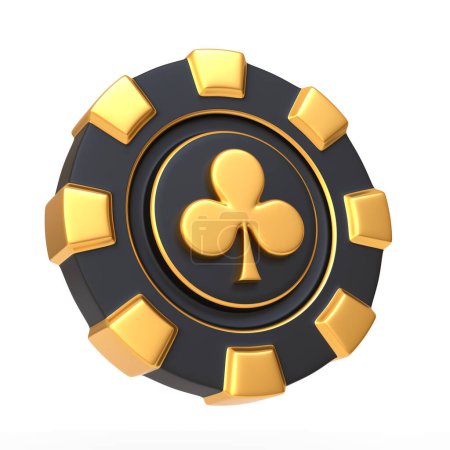Lujoso chip de casino negro con los clubes de oro símbolo en el centro Aislado en un fondo blanco, un signo de riqueza en los juegos de azar. Ilustración de representación 3D