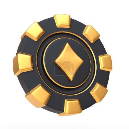 A close-up of a sophisticated black casino chip, highlighted with a gold diamond accent isolated on a white background, embodies the thrill of luck and gambling. 3D render illustration