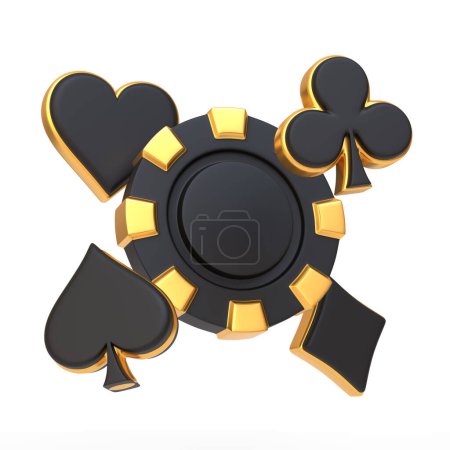 Luxuriöser schwarzer Casino-Chip mit goldenem Herz und Club-Symbolen, der auf einer unsichtbaren Oberfläche auf weißem Hintergrund schwebt und High-Stakes-Kartenspiele darstellt. 3D-Darstellung