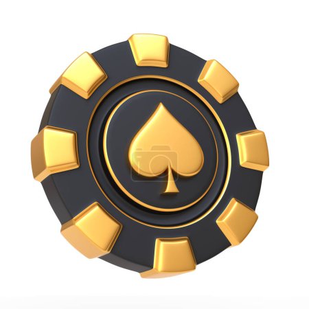 A black casino chip featuring a prominent golden spade symbol isolated on a white background, representing luxury and high stakes in gaming. 3D render illustration