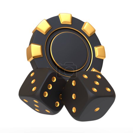 Téléchargez les photos : Élégant dés noirs avec des points d'or à côté d'une puce de casino isolé sur un fond blanc, évoquant le frisson du jeu. Illustration de rendu 3D - en image libre de droit