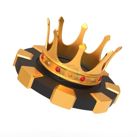 A golden crown adorned with red gems resting on a black casino chip isolated on a white background, symbolizing victory and royalty in gaming. 3D render illustration