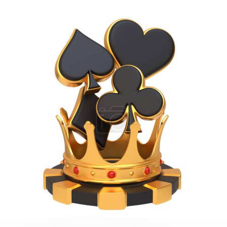 Golden crown atop suit symbols of spade, club, and heart, emerging from a casino chip isolated on a white background, portraying a blend of authority and fortune in gambling. 3D render illustration