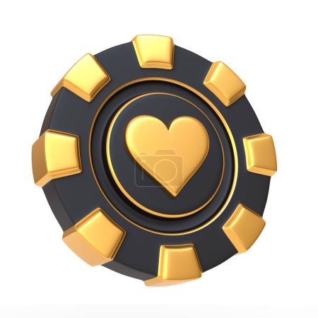 Photo for A striking golden heart symbol stands out on a black casino chip isolated on a white background, representing passion and high stakes in love and games. 3D render illustration - Royalty Free Image
