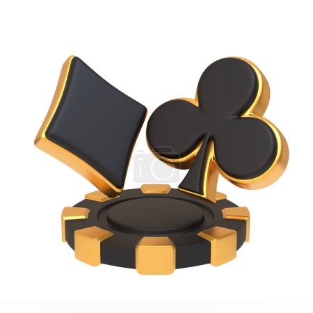 Téléchargez les photos : Élégante puce de casino noire avec costume doré symboles de pique et de clubs Isolé sur un fond blanc, représentant la sophistication et le frisson des jeux de cartes. Illustration de rendu 3D - en image libre de droit