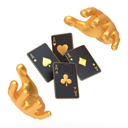 Téléchargez les photos : Un affichage dynamique de deux mains d'or jetant quatre as dans les airs, suggérant chance et maîtrise dans un jeu de poker, isolé sur un fond blanc. Illustration de rendu 3D - en image libre de droit