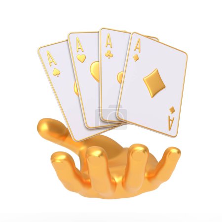Eine Hand mit goldenem Farbton präsentiert einen vollständigen Satz Asse, die Glück und Geschicklichkeit im Poker verkörpern und vor einem makellosen weißen Hintergrund zum Kontrast stehen. 3D-Darstellung