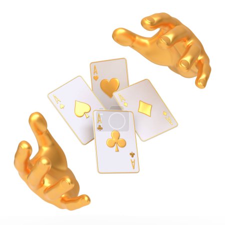 A pair of golden hands caught in the act of tossing four aces, representing chance and skill in poker, against a stark white background. 3D render illustration