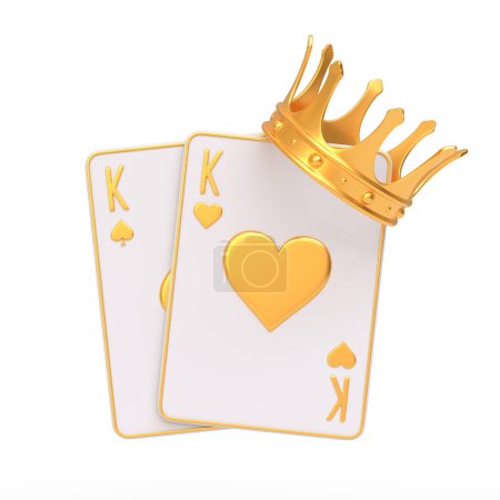 Foto de En una exhibición de la realeza del juego de cartas, los reyes de corazones y espadas se acentúan con una corona dorada, destacando el poder y el alto rango en un juego de póquer. Ilustración de representación 3D - Imagen libre de derechos