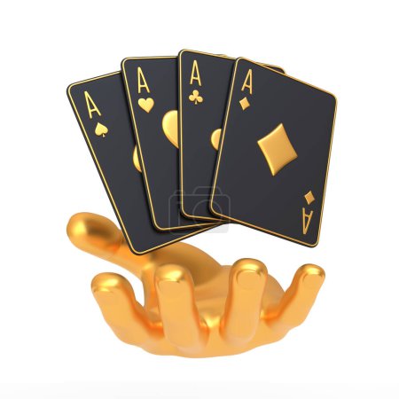 Una mano dorada acuna un conjunto de ases, simbolizando la rara y codiciada mejor mano en el póquer, una metáfora visual para ganar y tener éxito en apuestas de alto riesgo. Ilustración de representación 3D