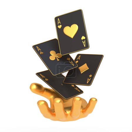 Ein 3D-Bild einer goldenen Hand, die eine Reihe von Assen auf weißem Hintergrund umdreht, was Glück und Reichtum in Kartenspielen symbolisiert. 3D-Darstellung
