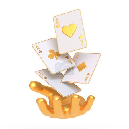 Una mano dorada presenta una selección flotante de ases de una baraja de cartas sobre un fondo blanco, que representa conceptos de suerte y éxito. Ilustración de representación 3D