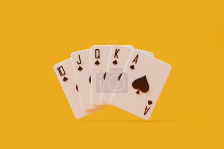 Royal Flush, die höchste Pokerhand, vor einem leuchtend gelben Hintergrund. 3D-Darstellung