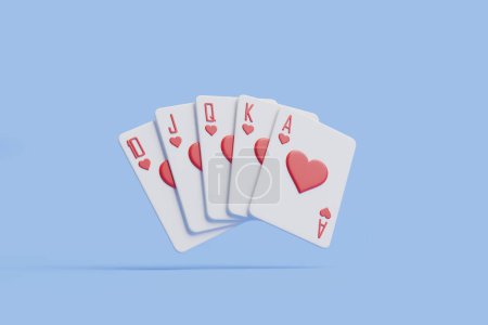 A winning poker hand, royal flush in hearts, elegantly presented on a serene blue background, symbolizes luck and strategy in card games. 3D render illustration