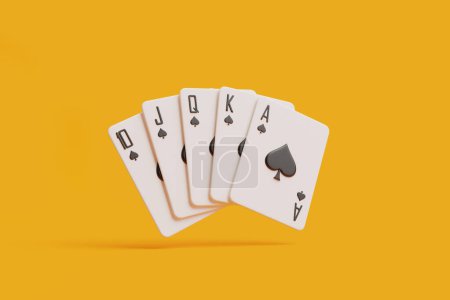 Foto de Perfecto color de la pala real jugando a las cartas repartidas sobre un fondo naranja vívido. Ilustración de representación 3D - Imagen libre de derechos