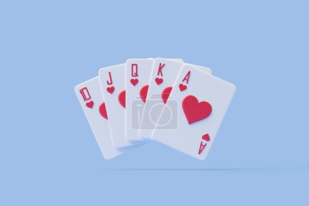 Eine Royal Flush Poker Hand of Hearts wird vor einem schlichten blauen Hintergrund gezeigt, was an Konzepte von Glück und Strategie erinnert. 3D-Darstellung