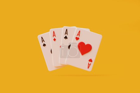 Four aces from a standard playing card deck showcased on a vibrant yellow background, highlighting the highest cards in poker. 3D render illustration