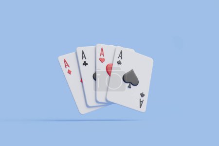 Los cuatro ases de picas, palos, diamantes y corazones se muestran prominentemente sobre un fondo azul suave, que simboliza el poder y el éxito en los juegos de cartas. Ilustración de representación 3D
