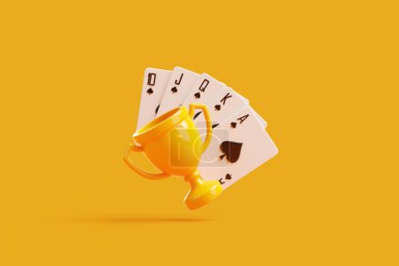 Un rubor real de picas jugando a las cartas desplegadas con un trofeo dorado, ambientado sobre un vívido fondo naranja, simboliza la victoria y el éxito. Ilustración de representación 3D