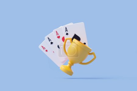 Eine gewinnende Kombination aus vier Assen neben einer goldenen Trophäe, präsentiert auf hellblauem Hintergrund, stellt die ultimative Errungenschaft in Kartenspielen dar. 3D-Darstellung