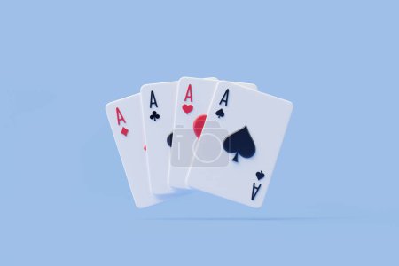 Die Pik-Asse, Kreuz, Karo und Herz werden vor einem beruhigenden blauen Hintergrund fein säuberlich präsentiert und verkörpern die obersten Ränge in Kartenspielen. 3D-Darstellung