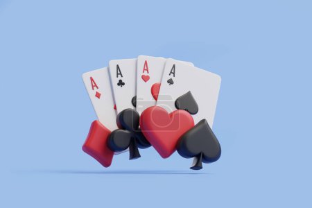 A powerful hand of four aces, interspersed with colorful poker chips, set against a soothing light blue background, signifying high-ranking card hands. 3D render illustration