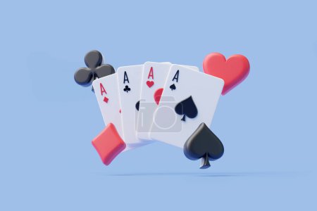 In einem ruhigen blauen Raum schweben vier Asse über pulsierenden Pokerchips und schaffen eine skurrile, aber kraftvolle Darstellung einer gewinnenden Pokerhand. 3D-Darstellung
