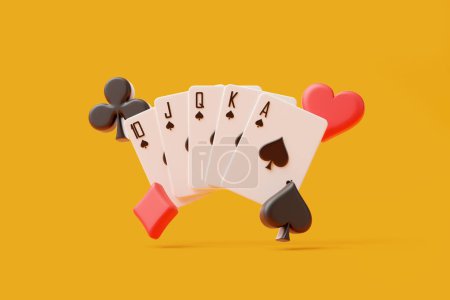 The unbeatable royal flush in spades, with red and black poker chips, elegantly fans out against an energizing orange background, signifying a winning hand. 3D render illustration