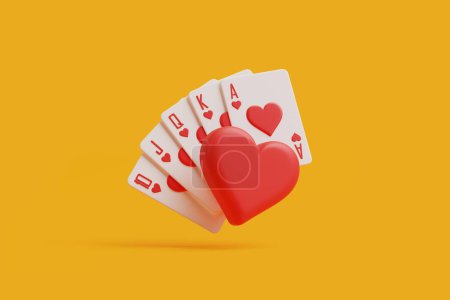 An engaging royal flush in hearts complemented by a heart-shaped chip creates a visually appealing theme on a vibrant yellow background. 3D render illustration